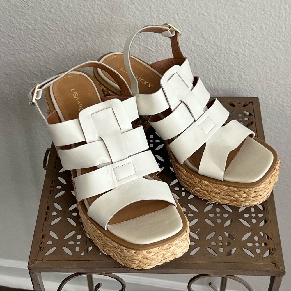 Lisa Vicky Platform Sandals Woven Strappy Block Heel White Espadrille NWOB - Picture 6 of 6
